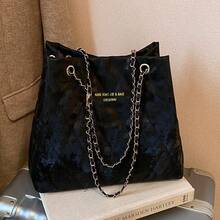 Large Capacity Fashion Tote Bag, Padded, Embroidered Quilted, Soft, Winter Chain Strap Shoulder Crossbody Bag For Women - Black - View 1