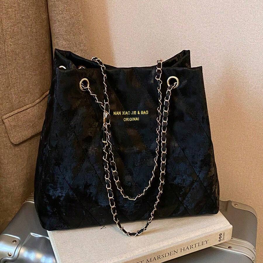 Large Capacity Fashion Tote Bag, Padded, Embroidered Quilted, Soft, Winter Chain Strap Shoulder Crossbody Bag For Women - Black - View 1
