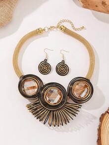 1 Set Handmade Multilayer Bohemian European & Middle Eastern Style Artificial Crystal Necklace & Earrings, Elegant For Party, Vacation - Coffee Brown - View 4