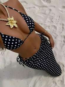 3件套女士波点印花挂脖黑色比基尼套装，性感露背夏季沙滩泳装度假装 - 彩色 - 查看 1