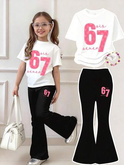2pcs/Set Girl's Star Print Round Neck Short Sleeve T-Shirt + Star Print Flare Pants, Casual & Comfortable Summer New Outfit
