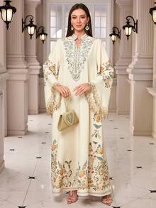 中东新款V领长袖流苏复古印花水钻装饰长袍 - 杏色 - 查看 2