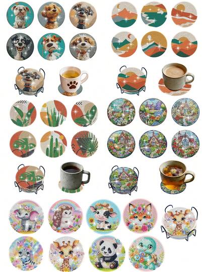 6件/8件套手工钻石画杯垫，风景钻石贴纸杯垫，客厅装饰，家居装饰，狗狗图案杯垫，可爱动物图案杯垫，情人节礼物，母亲节礼物，个性化礼物，生日礼物，送给女士的礼物，送给男士的礼物，植物图案，房屋图案