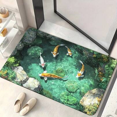 3D Koi Fish Pond Entrance Door Mat Non-Slip Living Room Bedroom Home Decor Washable Floor Mat Lucky Carp Pattern Rug