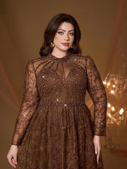 Đầm maxi dáng chữ A tay dài màu nâu cà phê đính sequin họa tiết hoa cỡ lớn Anpoket, váy hè thanh lịch dành cho nữ, thích hợp cho đám cưới, dạ hội, tiệc tùng, kỳ nghỉ và lễ hội mùa xuân.