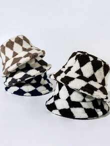 1pc Unisex Retro Diamond Pattern Faux Lamb Wool Bucket Hat, Warm Thick Bucket Hat Suitable For Casual, Commute, Party, Autumn/Winter - A - View 1