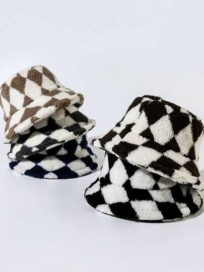 1pc Unisex Retro Diamond Pattern Faux Lamb Wool Bucket Hat, Warm Thick Bucket Hat Suitable For Casual, Commute, Party, Autumn/Winter