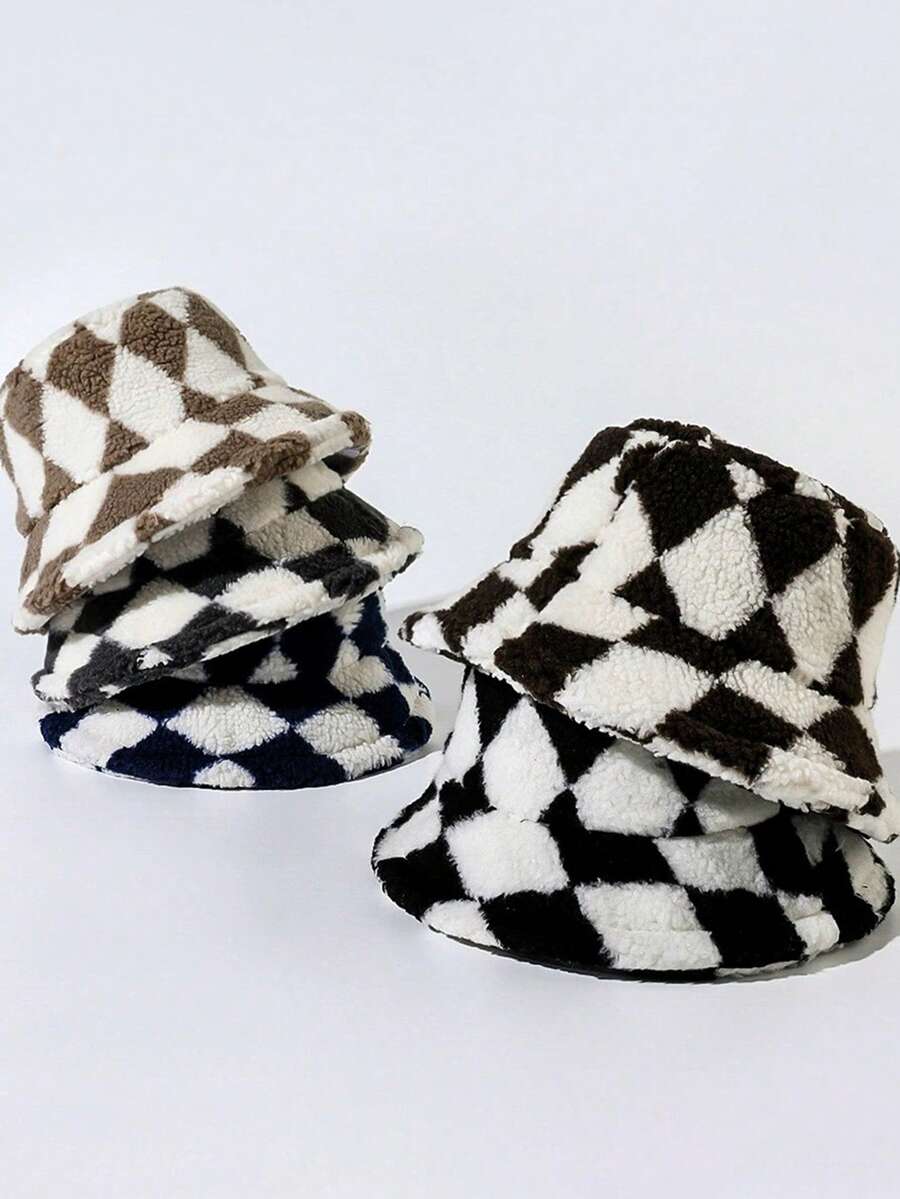 1pc Unisex Retro Diamond Pattern Faux Lamb Wool Bucket Hat, Warm Thick Bucket Hat Suitable For Casual, Commute, Party, Autumn/Winter - A - View 1