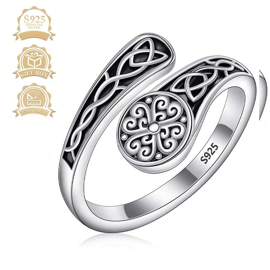 1 pieza Anillo de plata de ley 925 vintage elegante con diseño geométrico de círculo y nudo celta, regalo para mujer, adecuado para vacaciones, fiesta, boda, cumpleaños - Plata antigua - Ver 1