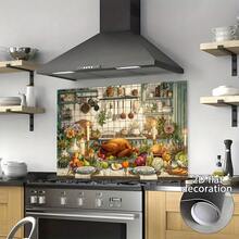 1-Piece 2D Flat Design Depicts A Sumptuous Kitchen Feast, Including Roast Chicken, Fruits And Vegetables, And Tableware. The Realistic Style Showcases A Lively And Satisfying Dining Atmosphere. Made Of PVC, This Kitchen Wall Sticker Is Easy To Apply, And Features A 2D Flat Effect - Style 1 - View 8