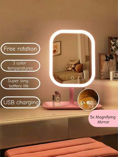 LED化妆镜，3种照明模式，3种色温，桌面式带灯设计，触控操作，便携式支架，可折叠收纳，旅行化妆镜，内置可充电高容量电池，LED化妆镜，270°旋转
