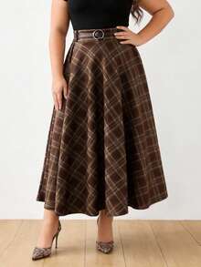 EARO Plus Size Brown Plaid Skirt, Fashionable, Minimalist, Elegant, Versatile, Loose And Slimming Spring - Coffee Brown - View 3