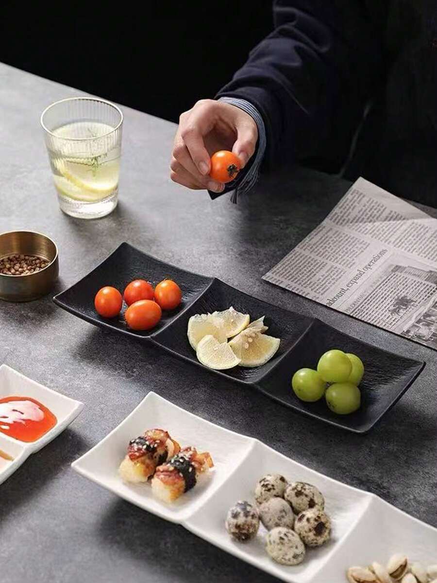 1pc Ceramic Appetizer/Snack Plate, Elegant Compartment Dish For Sauces, Dips, Nuts, Home Use - Black - View 1