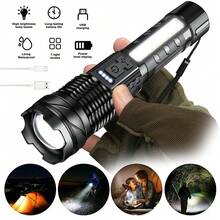 7 Modes Rechargeable LED Flashlight, Waterproof High Lumens Tactical Torch With COB Work Light & Power Display For Camping Hiking Emergency - Black - View 4