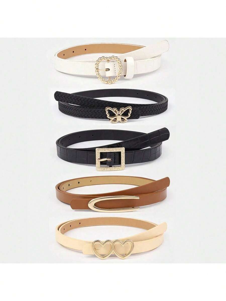 5件套女士蝴蝶双心扣简约百搭细腰带，PU皮革，四季皆宜 - 多色 - 查看 1