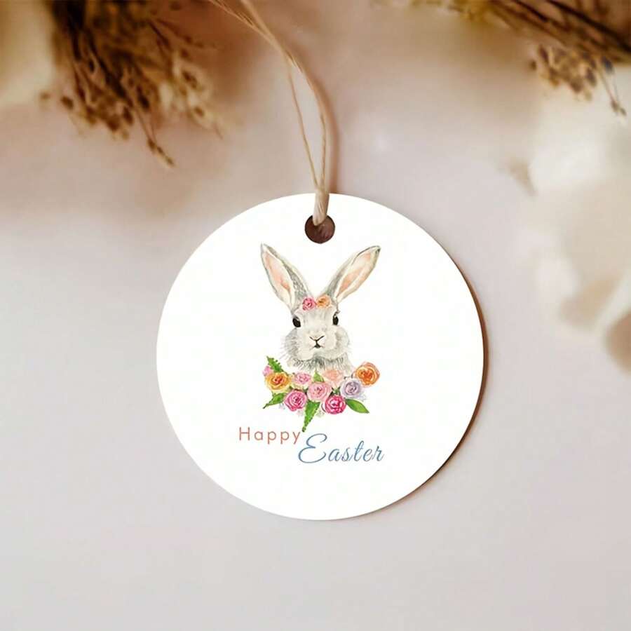 25/50 Pcs "Happy Easter" Round Labels With Rabbit And Floral Design, Ideal For Easter Gifts, Charming Souvenirs, Made Of Paper With Twine - Multicolor - View 1