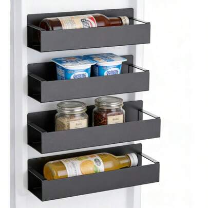  LapEasy Magnetic Spice Rack For Refrigerator,  Metal 4 Pack Storage Shelf And Kitchen Organizer (Black)