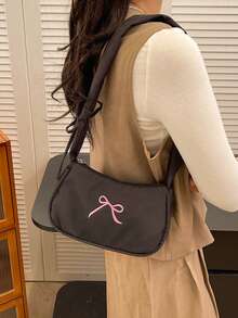 1pc White Canvas + Pink Bow Embroidery Pleated Strap Underarm Bag, Zipper Closure, Sweet Style, Suitable For Women, All Seasons - Multicolor - View 6