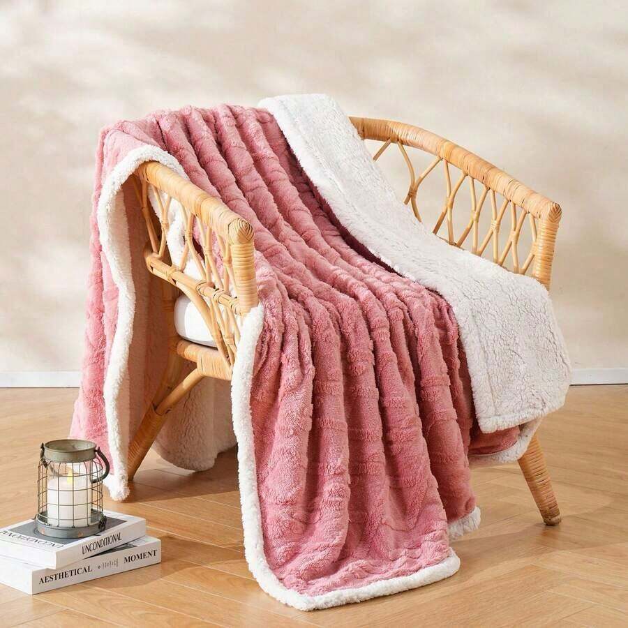 1pc Luxurious Double-Layer Jacquard Taffeta Fleece Blanket, Plush White Bed Throw For Single Or Double Use - Soft, Cozy, All-Season Comfort, Ideal For Bedroom Elegance, Blanket For Bed - Pink - View 1