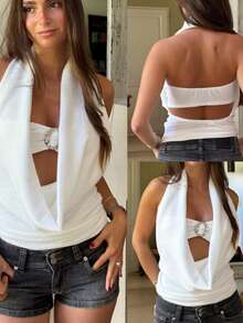 Women's Backless Halter Ruched Crop Tops Cowl Neck Going Out Tops With Bandeau Bra Concert Date Outfits - White - View 10