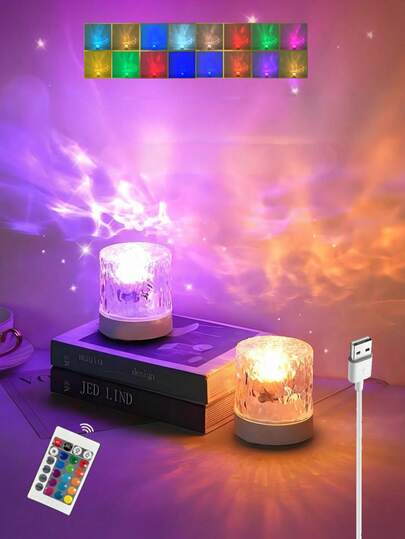 1 pieza Lámpara de proyección redonda, luz nocturna, lámpara de escritorio de cristal, lámpara de mesita de noche creativa con efecto dinámico de ola de agua rotativa, luz de ambiente de llama, alimentada por USB, 3 colores y 16 opciones de colores, 16 colores con control remoto, luz nocturna RGB para dormitorio, diseño de ondas de agua rotativas, adecuado para habitación, dormitorio, pasillo, sala de estar, decoración de dormitorio, decoración de habitación