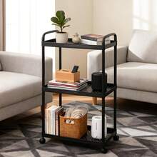 3 Tier Rolling Cart With Wheels, Plastic Roller Cart Organizer With Handle And Lockable Casters, Suitable For Diapers, Baby Nursery, Kitchen, Bathroom, Living Room And Bedside - Black - View 1