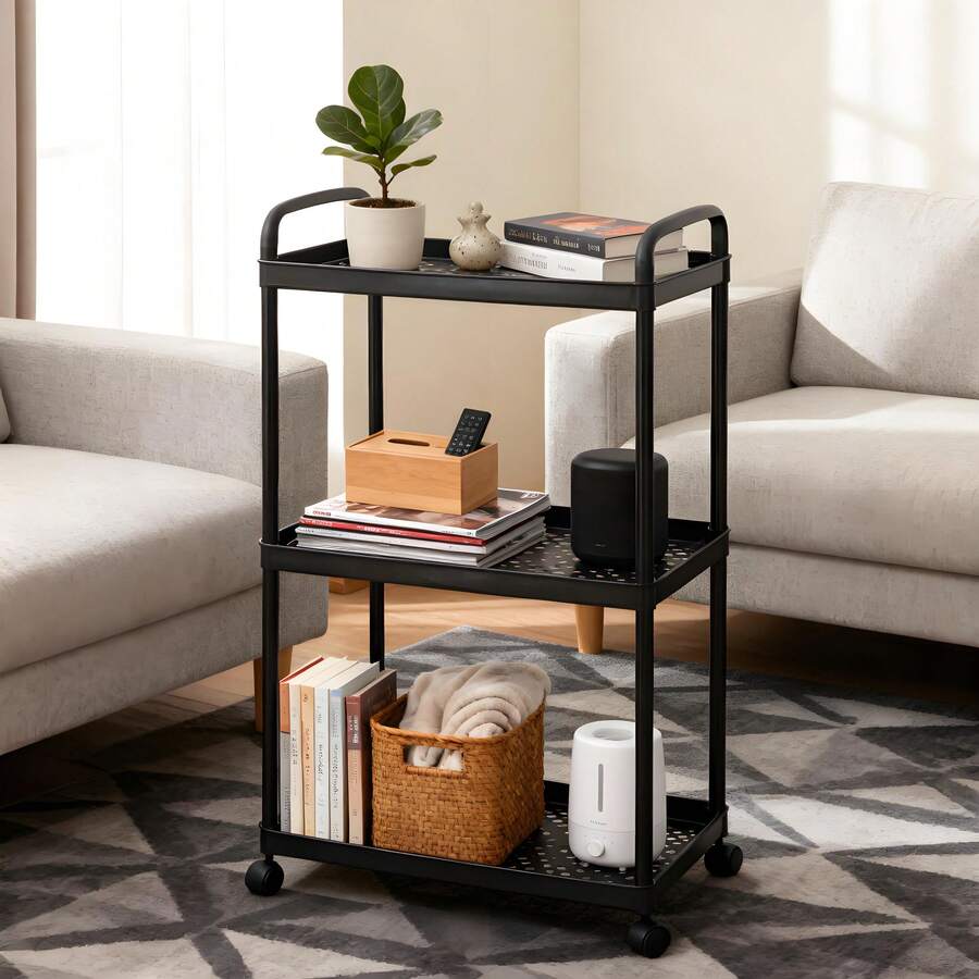 3 Tier Rolling Cart With Wheels, Plastic Roller Cart Organizer With Handle And Lockable Casters, Suitable For Diapers, Baby Nursery, Kitchen, Bathroom, Living Room And Bedside - Black - View 1