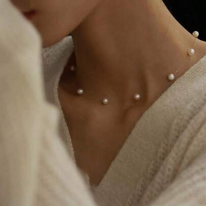 Collar corto de imitación de perla con temperamento, gargantilla de perla invisible de línea de pesca, joyería para niñas