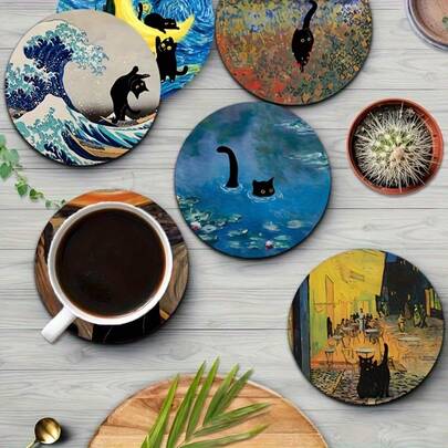 A Six Pieces Cute Cat Pattern Design Coaster Set Made Of Absorbent Rubber Material, Essential For Holiday Gatherings, Suitable For Bars, Offices, And Homes, All Occasions, Size 10cm X 10cm