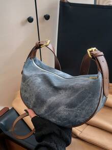 حقيبة جلدية للنساء على شكل كعكة, حقيبة كتف جلد اصطناعي بلون أحادي, قابلة للتعديل للتنقل اليومي - الأزرق - مشاهدة 6