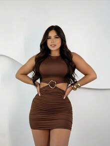 Women's Short Dress With Buckle Detail - Summer Launch - Rỉ Nâu - Xem 2