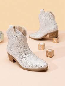 Girls Cowgirl Cowboy Rhinestone Boots Ankle Low Heel Dress Booties - Đen và trắng - Xem 9