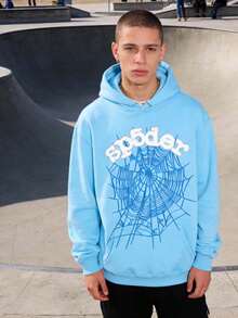 1pc Anime Spider Flash Casual Simple Black Pink Hooded Long Sleeve Warm Lining Loose Thick Sweatshirt, Suitable For Women In Autumn And Winter - Màu xanh nhạt - Xem 3