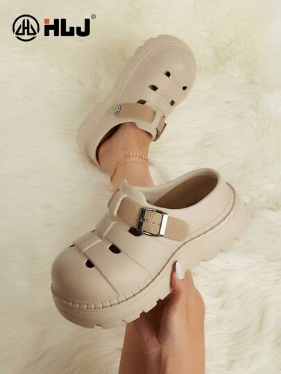 luofu New Women's Summer Outdoor Fashion Casual Wedge Hollow Breathable Buckle Decor Perforated Slip-On Shoes, High-End Thick Sole Chunky Colorblock Sandals