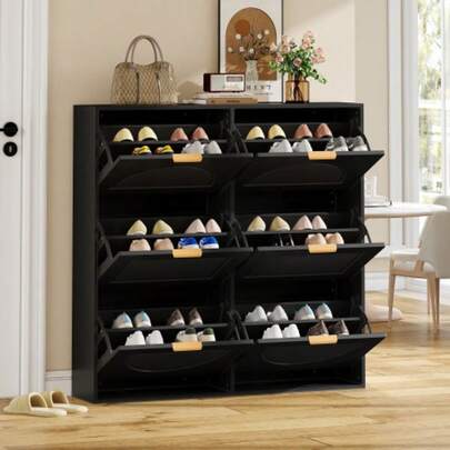 Moderner Schuhschrank, Mit 6 Klappenfächern, Freistehendem Schuhregal, Offenen Ablageflächen, Geeignet Für Eingangsbereich Oder Flur, Schwarz, Masse: B118/H115/T25 Cm