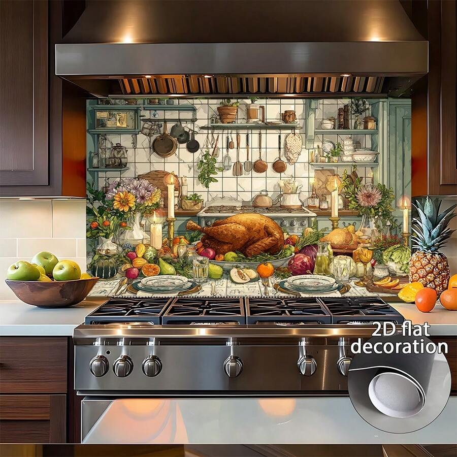 1-Piece 2D Flat Design Depicts A Sumptuous Kitchen Feast, Including Roast Chicken, Fruits And Vegetables, And Tableware. The Realistic Style Showcases A Lively And Satisfying Dining Atmosphere. Made Of PVC, This Kitchen Wall Sticker Is Easy To Apply, And Features A 2D Flat Effect - Style 1 - View 1