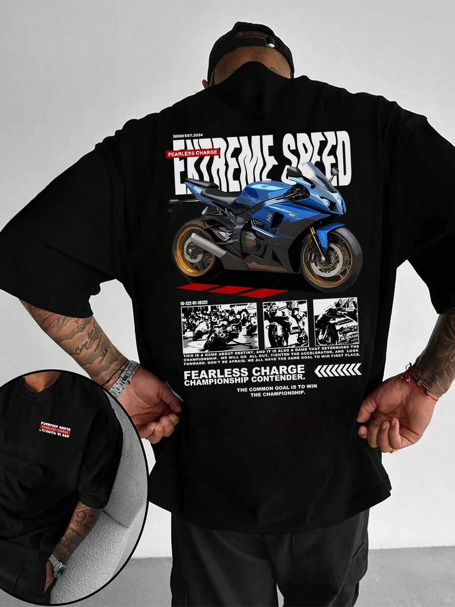 Zrgoth Men's Casual Versatile Minimalist Motorcycle Racing Themed Print Short Sleeve T-Shirt - Black - View 1