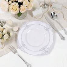 102PCS White And Silver Plastic Plates - Heavyweight Silver Plate - Wedding Plate With Silver Rim - Fancy Dinner & Dessert Plates For 51 Guests Graduation Weddings & Parties - 銀色 - 查看 6