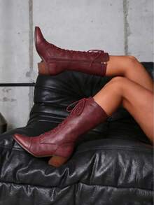 Women's Easter Leather Burgundy Mid Calf Boots Lace Up Chunky Heel Vintage Combat Heeled Dress Casual Boots Country Concert Combat Boots For Women - Màu Đỏ Sâu - Xem 3