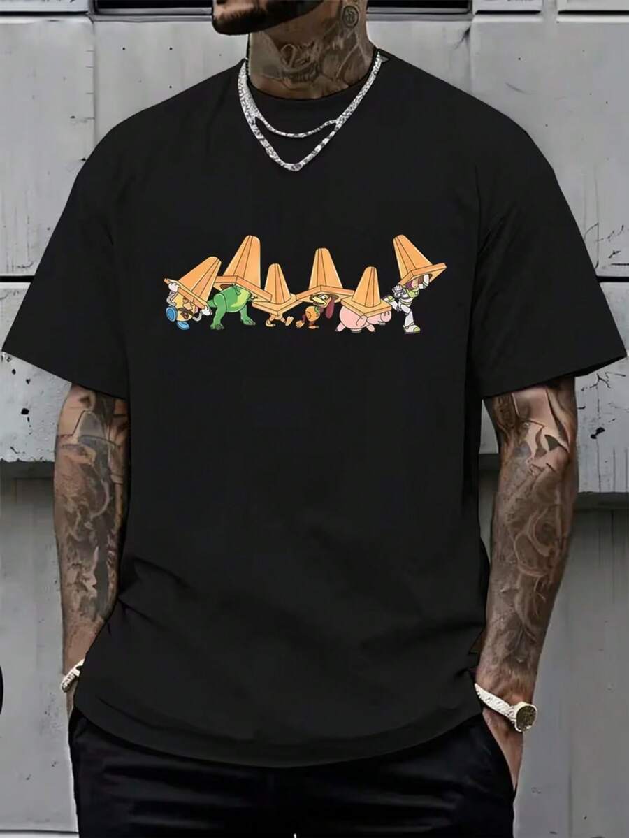 Authorized Disney Toy Story To Cross The Street To Print Men's T-Shirts, T-Shirts With Round Neck, Breathable And Light, Fashionable Street Clothes, Men's Casual Tops. - Black - View 1