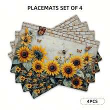4pcs Retro Sunflower Butterfly Table Mats | Non-Slip, Wipe Clean Dining Table Mat Set For Party, Kitchen Dining Decoration, Linen Material - 12x18inch - View 13