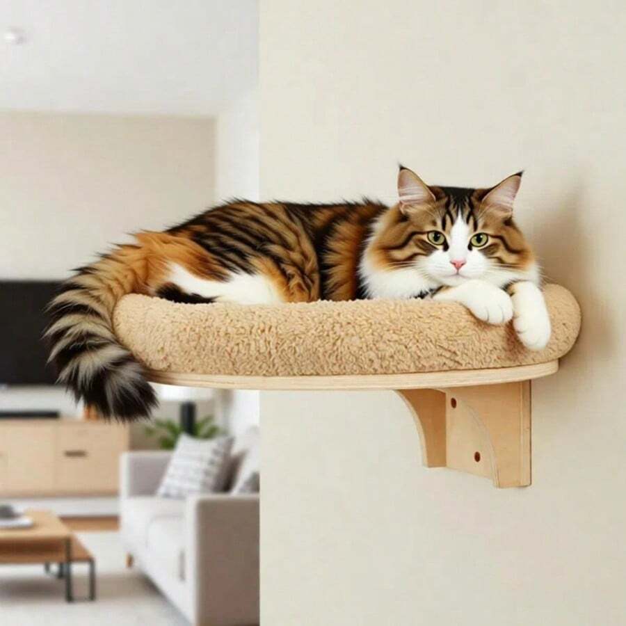 Wall-Mounted Cat Perch, Solid Wood Cat Hammock With Soft Cushion, Max Load 12kg (26lb)