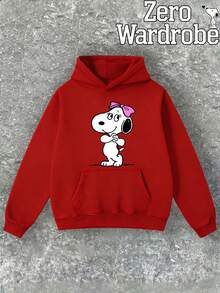SNOOPY Dog Valentine's Day Flower Confession Pattern Printed Couple Street Casual Fashion Hoodie, Loose And Comfortable Street Style Long Sleeve Home Style, Soft Cotton Blended Men's And Women's Warm Winter Clothing, Couple's Clothing - 女款紅色 - 查看 2