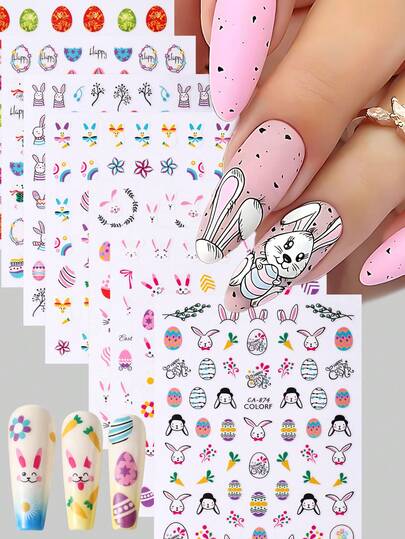 可爱的复活节彩蛋兔子春季美甲贴纸 彩色卡通可爱兔子花叶胡萝卜婚礼美甲贴花 美甲用品 DIY美甲饰品装饰