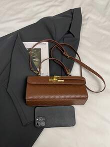 Faux Leather Solid Color Flap Plaid Handbag & Shoulder Bag For Women - Brown - View 5