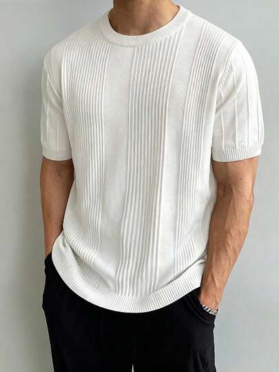 1pc Men's T-Shirt Knit Fabric Vertical Stripe Round Neck Short Sleeve Knit T-Shirt, Comfortable Soft Elastic Fabric, Easy To Wear, Simple Casual, Low-Key Old Money Style, Suitable For Daily Commute, Work, Gathering, City