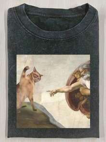 (230g Vintage Washed T-Shirt)Artistic Retro Cat Creation Of Adam Graphic Tee Creative Nostalgic Casual Top, Pure Cotton Casual And Stylish Comfortable Washed T-Shirt - 黑色 - 查看 1