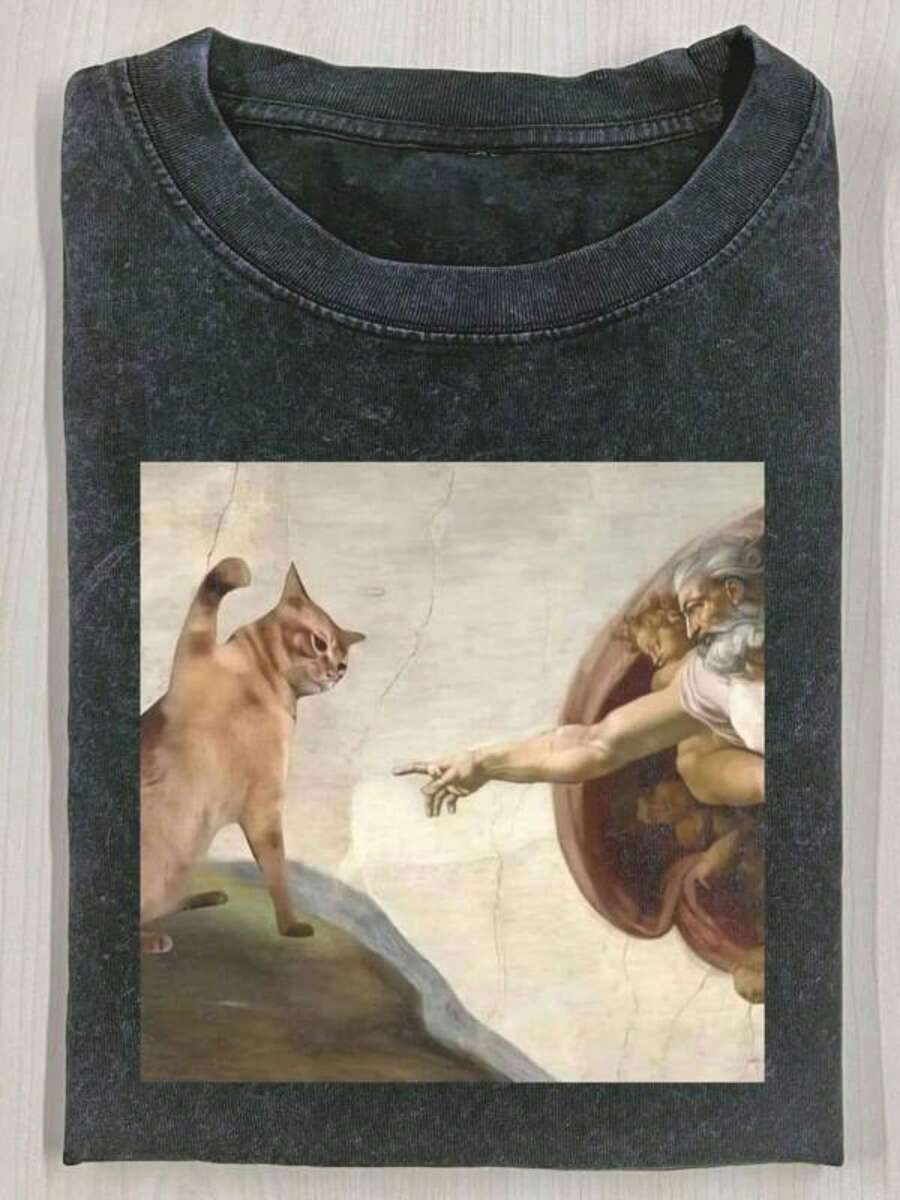 (230g Vintage Washed T-Shirt)Artistic Retro Cat Creation Of Adam Graphic Tee Creative Nostalgic Casual Top, Pure Cotton Casual And Stylish Comfortable Washed T-Shirt - 黑色 - 查看 1