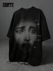 男士短袖T恤，男女通用，印花图案，做旧下摆，宽松休闲款，适合都市街头风格。 - 黑色 - 查看 1