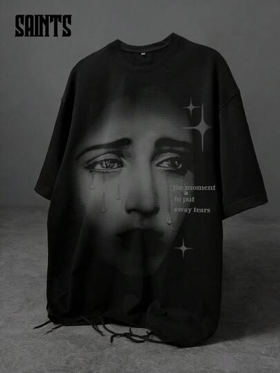 1pc Men's Short Sleeve T-Shirt, Unisex, With Graphic Face Print And Distressed Hem, Loose Casual Top, Suitable For Urban Street Style